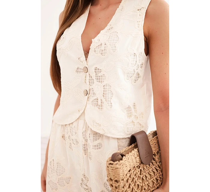 Dámsky bavlnený komplet s vyšívanou vestou a nohavicami béžovej farby