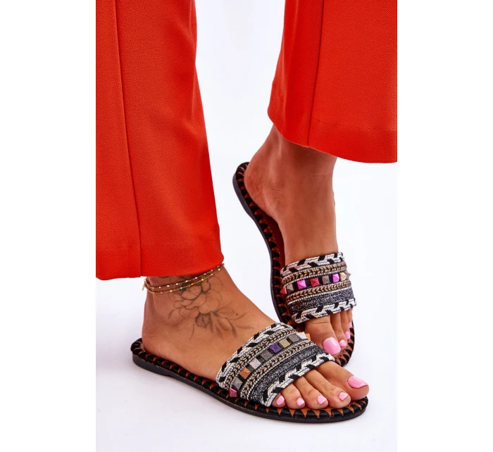 Damskie Zdobione Klapki Czarne Bellisa