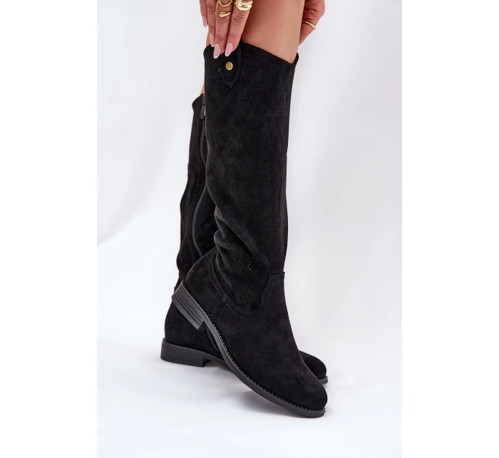 Kozaki Na Płaskim Obcasie Z Ażurowym Wzorem S.Barski HY51-062 Czarne