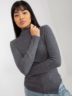 Tmavosivý rebrovaný asymetrický sveter so stojatým golierom