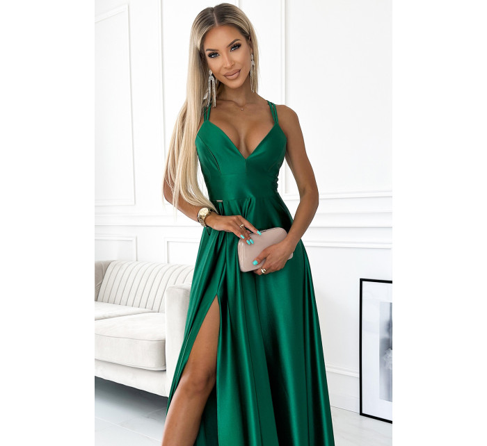 LUNA - Elegantné dlhé dámske saténové šaty vo fľaškovo zelenej farbe s výstrihom a prekríženými ramienkami 513-1