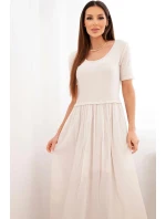 Dámské bavlněné midi šaty s krátkým rukávem a rozšířeným spodkem béžová