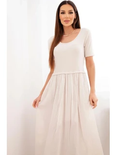 Dámské bavlněné midi šaty s krátkým rukávem a rozšířeným spodkem béžová