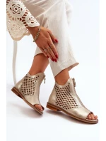 Zazoo 977/L Skórzane Ażurowe Sandały Na Zamek Złote
