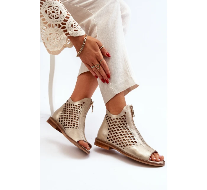 Zazoo 977/L Skórzane Ażurowe Sandały Na Zamek Złote