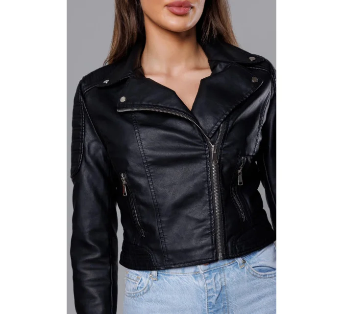 Krátká černá bunda ramoneska z ekologické kůže model 18117126 - J.STYLE Krátká černá bunda ramoneska z ekologické kůže model 18117126 - J.STYLE