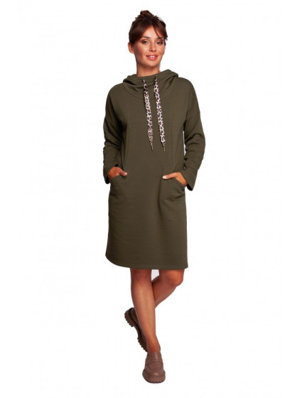 B238 Šaty s vysokým golierom a leopardím vzorom - olivové