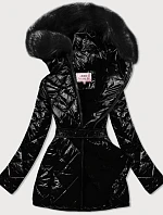 Lesklá zimná bunda z medvedíka čierna s čiernou kožušinou (w756)
