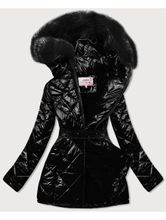 Čierna lesklá zimná bunda s machovitým kožúškom as čiernou kožušinou (W756)