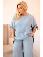 Dámska súprava v nadmernej veľkosti z materiálu Tencel, blúzka s kravatou a široké nohavice Light Denim