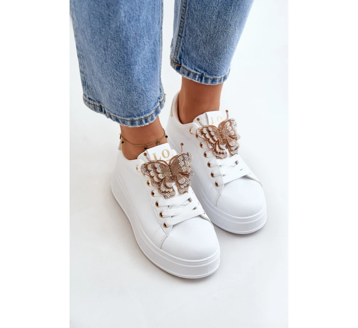 Sneakersy Damskie Na Platformie Z Motylem Biało-Złote Naritevia Sneakersy Damskie Na Platformie Z Motylem Biało-Złote Naritevia