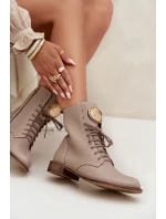Skórzane Botki Damskie Na Płaskim Obcasie Ze Złotym Detalem Zazoo 3084 Beżowe