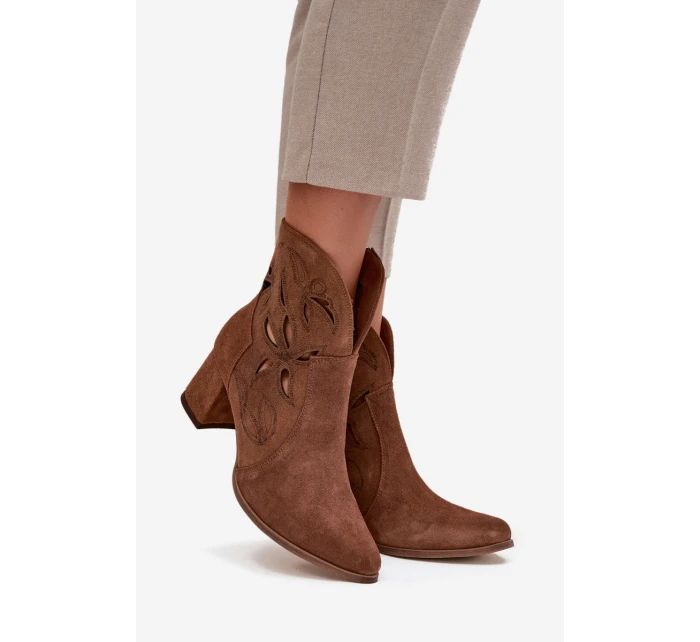 Zamszowe Ażurowe Botki Damskie Na Słupku Zazoo 3647 Brązowe