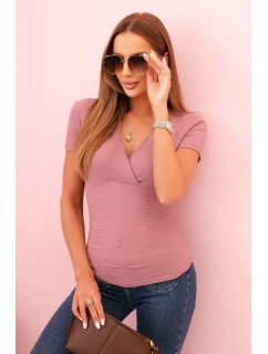 Dámská pruhovaná bavlněná blůza s model 21820463 výstřihem tmavě růžová - K-Fashion