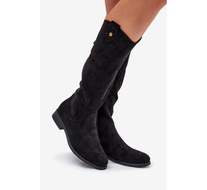 Kozaki Na Płaskim Obcasie Z Ażurowym Wzorem S.Barski HY51-062 Czarne