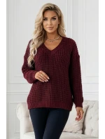 Teplý svetr oversize s vazbou a výstřihem do V vínový model 21820648 - numoco basic
