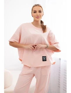 Súprava bavlnená blúzka + nohavice púdrovo ružová