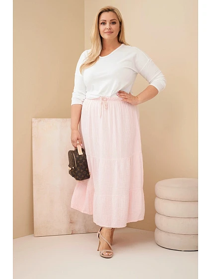 Dámská sukně Plus Size bavlněná mušelínová s volánem a gumou bonbónově růžová