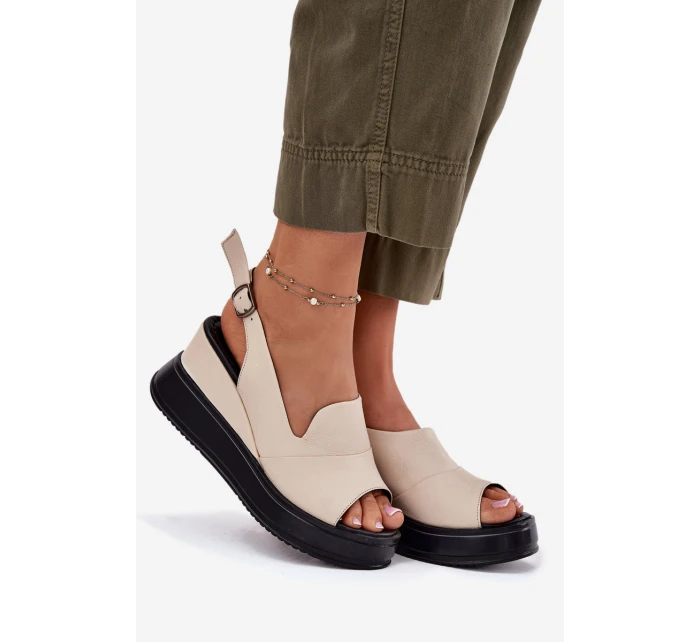 Skórzane Damskie Sandały Na Koturnie Artiker 54C0401 Beżowe Skórzane Damskie Sandały Na Koturnie Artiker 54C0401 Beżowe