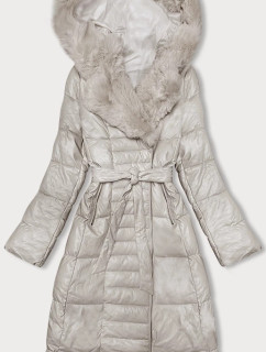 Puchowy płaszcz z ekoskóry z futrem Ann Gissy ecru (AG9-9003)