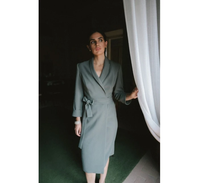 S415 Košeľové šaty viazané v páse - khaki