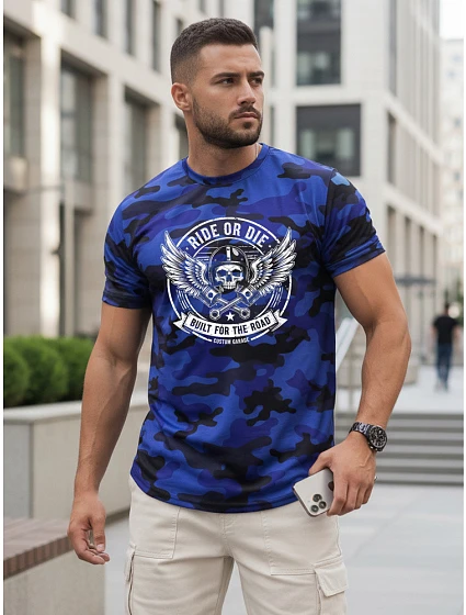 Tshirt męski moro z nadrukiem niebieski model 22217658 - FashionStreet