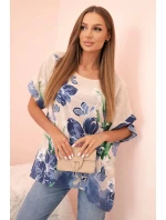 Dámská bavlněná blůza s květinovým potiskem a krátkým rukávem béžová