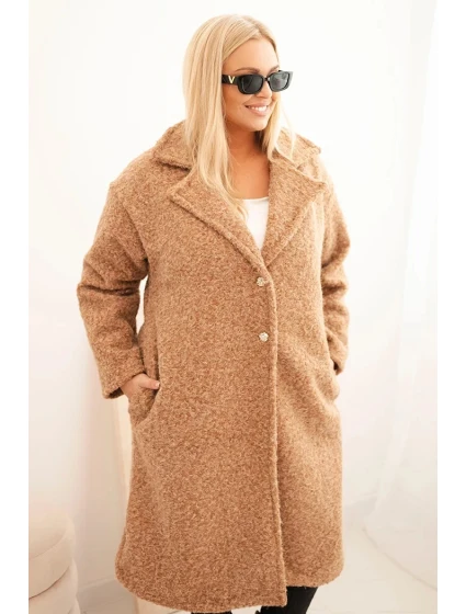 Dámský kabát Plus Size s vlnou a velkým límcem camelový