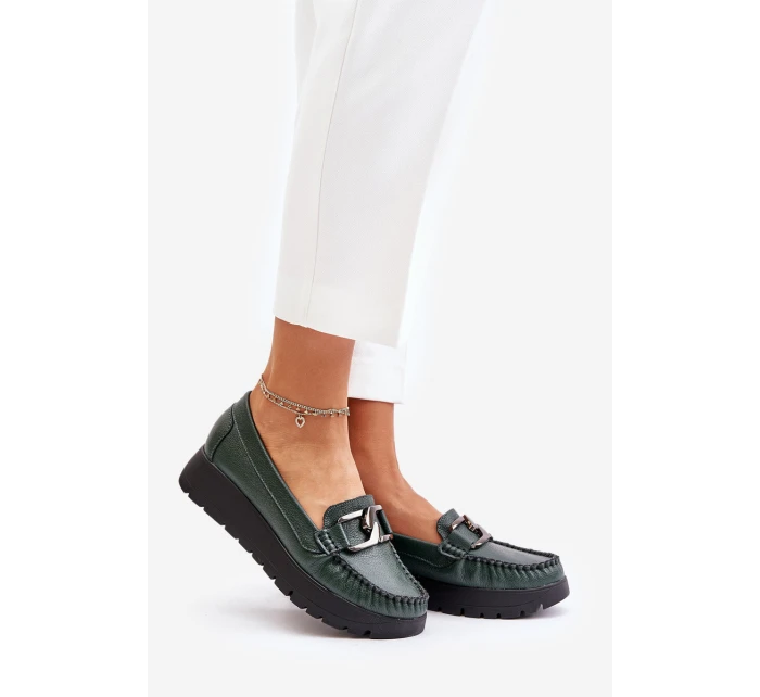 Zazoo 10141 Skórzane Mokasyny Na Platformie Z Ozdobą Ciemnozielone