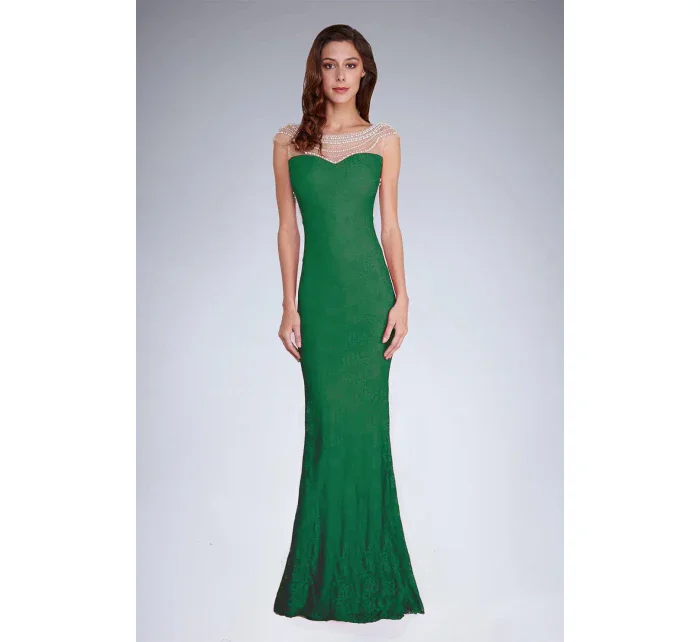 Dámske spoločenské šaty šoky soka s perličkami a čipkou dlhé zelené - Zelená - šoky & soka