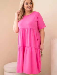 Dámske bavlnené plus size šaty s krátkymi rukávmi a volánom v ružovej farbe