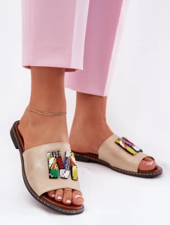 Klapki Damskie Na Płaskim Obcasie Z Ozdobą Złote Clelione