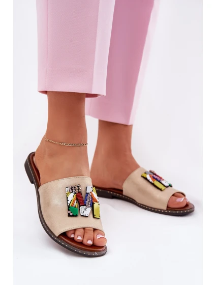 Klapki Damskie Na Płaskim Obcasie Z Ozdobą Złote Clelione Klapki Damskie Na Płaskim Obcasie Z Ozdobą Złote Clelione