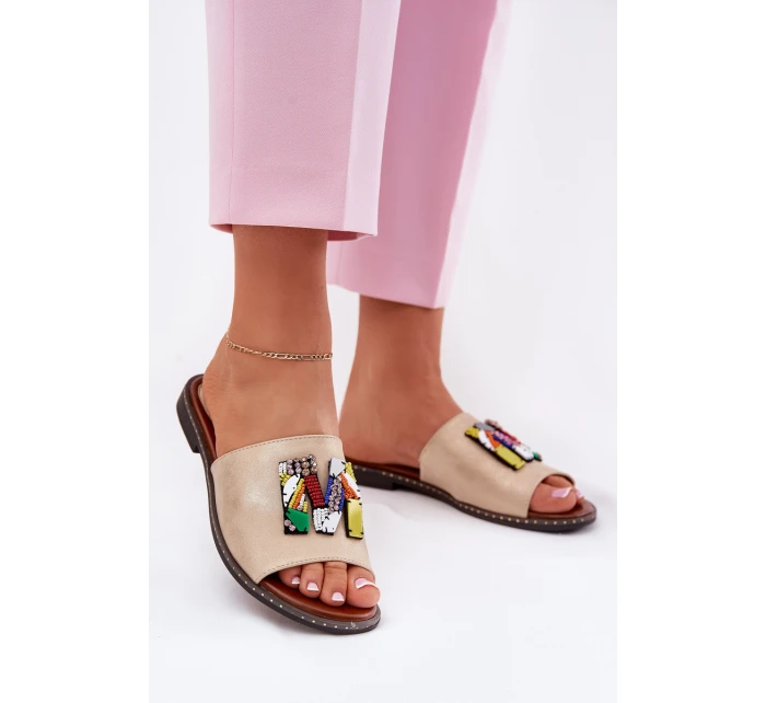 Klapki Damskie Na Płaskim Obcasie Z Ozdobą Złote Clelione Klapki Damskie Na Płaskim Obcasie Z Ozdobą Złote Clelione