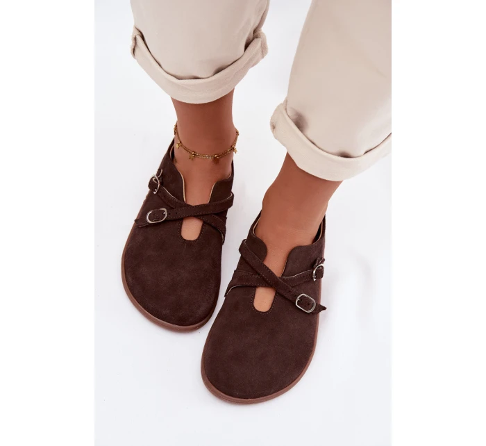 Kožené semišové dámské polobotky s pásky model 21937586 čokoládové - Zazoo