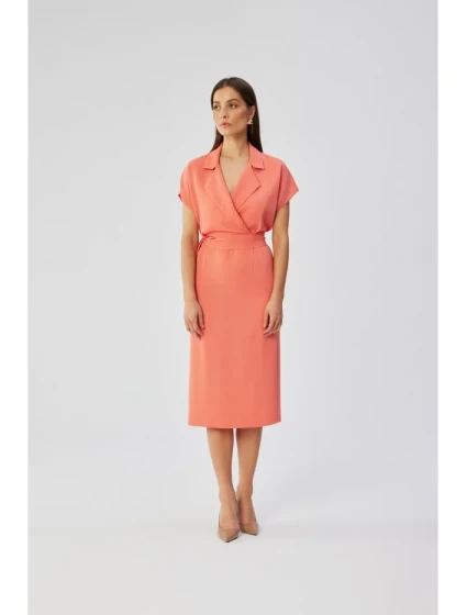 S363 Košeľové šaty s opaskom na zaväzovanie - oranžové