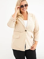 Dámske sako Plus Size z manšestru s klopami a vreckami, béžové