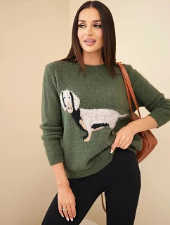 Dámský svetr s motivem model 22354211 a kulatým výstřihem khaki - K-Fashion