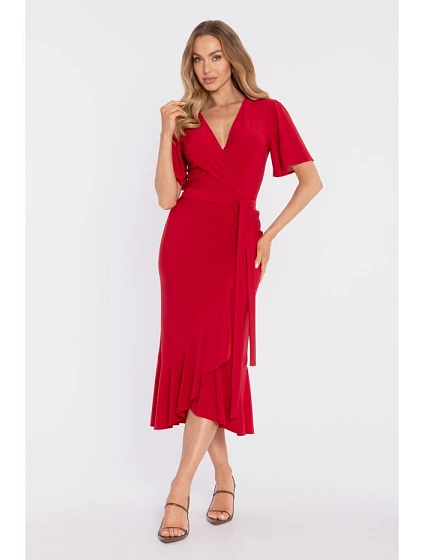 model 22040671 Zavinovací midi šaty s volánem a řasením červené - Moe