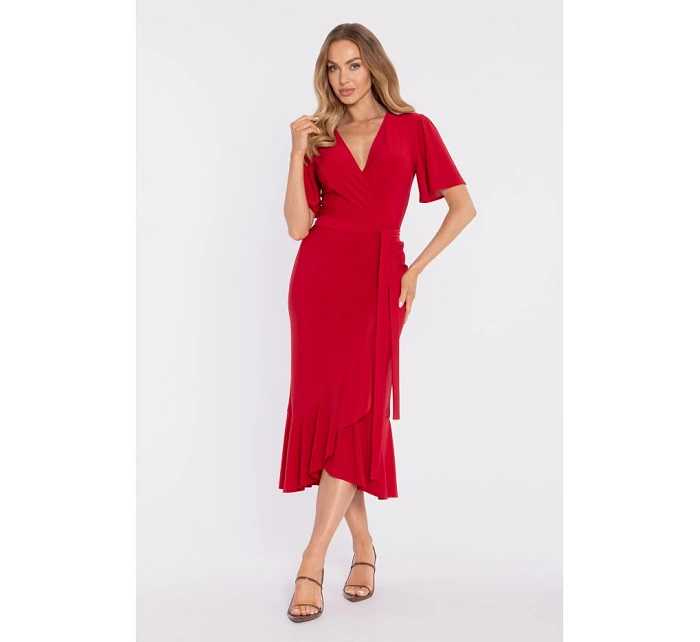 model 22040671 Zavinovací midi šaty s volánem a řasením červené - Moe