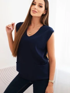 Dámský viskózový svetr bez rukávů s kapsami a výstřihem do V modrý