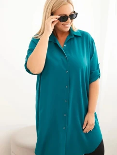 Dámská košilová šaty Plus Size s delším zadním dílem a ohrnovacími rukávy mořská