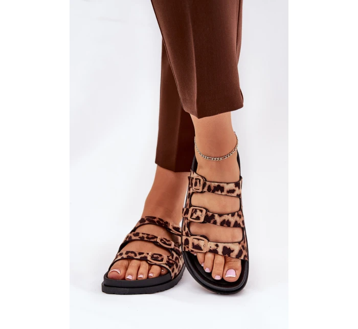 Klapki Damskie Z Paskami I Klamrami W Panterkę Brązowe Uliri Klapki Damskie Z Paskami I Klamrami W Panterkę Brązowe Uliri
