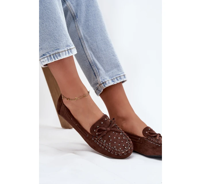 Zdobione Mokasyny Damskie Z Eko Zamszu Brązowe Prissine Zdobione Mokasyny Damskie Z Eko Zamszu Brązowe Prissine