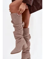 Marszczone Kozaki Z Naturalnego Zamszu Na Słupku Ocieplane Zazoo 4228 Beżowe