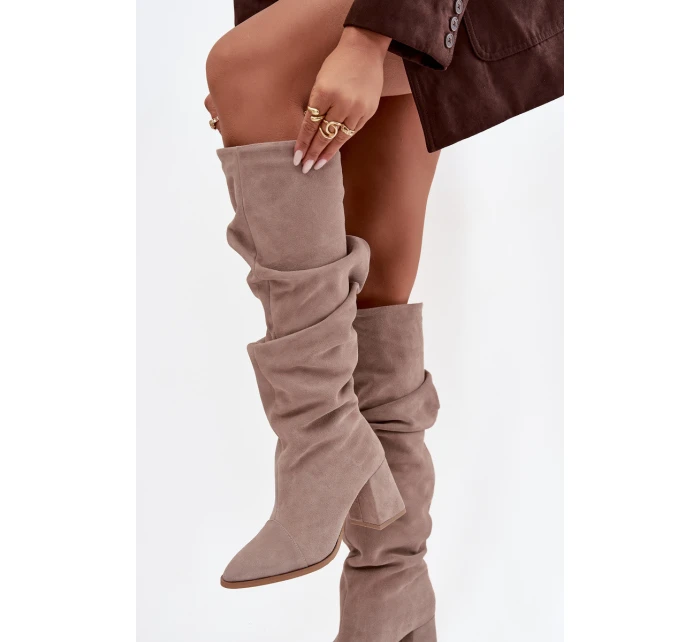 Marszczone Kozaki Z Naturalnego Zamszu Na Słupku Ocieplane Zazoo 4228 Beżowe