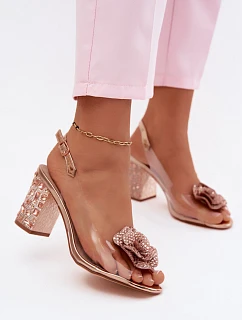 Průhledné sandály na podpatku s krystaly model 22133634 Růžové Zlaté - D&A