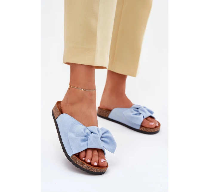 Klapki Damskie Na Korkowej Podeszwie Kokardką Niebieskie Seressa Klapki Damskie Na Korkowej Podeszwie Kokardką Niebieskie Seressa