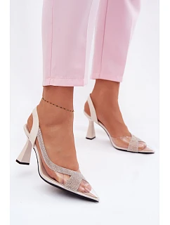 Průhledné sandály s kamínky na podpatku model 22095227 světle béžové - VINCEZA