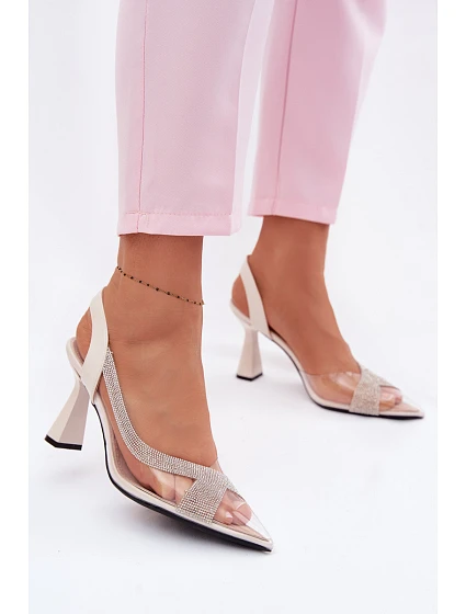 Priehľadné sandále na podpätku s kamienkami Vinceza 62282 light beige